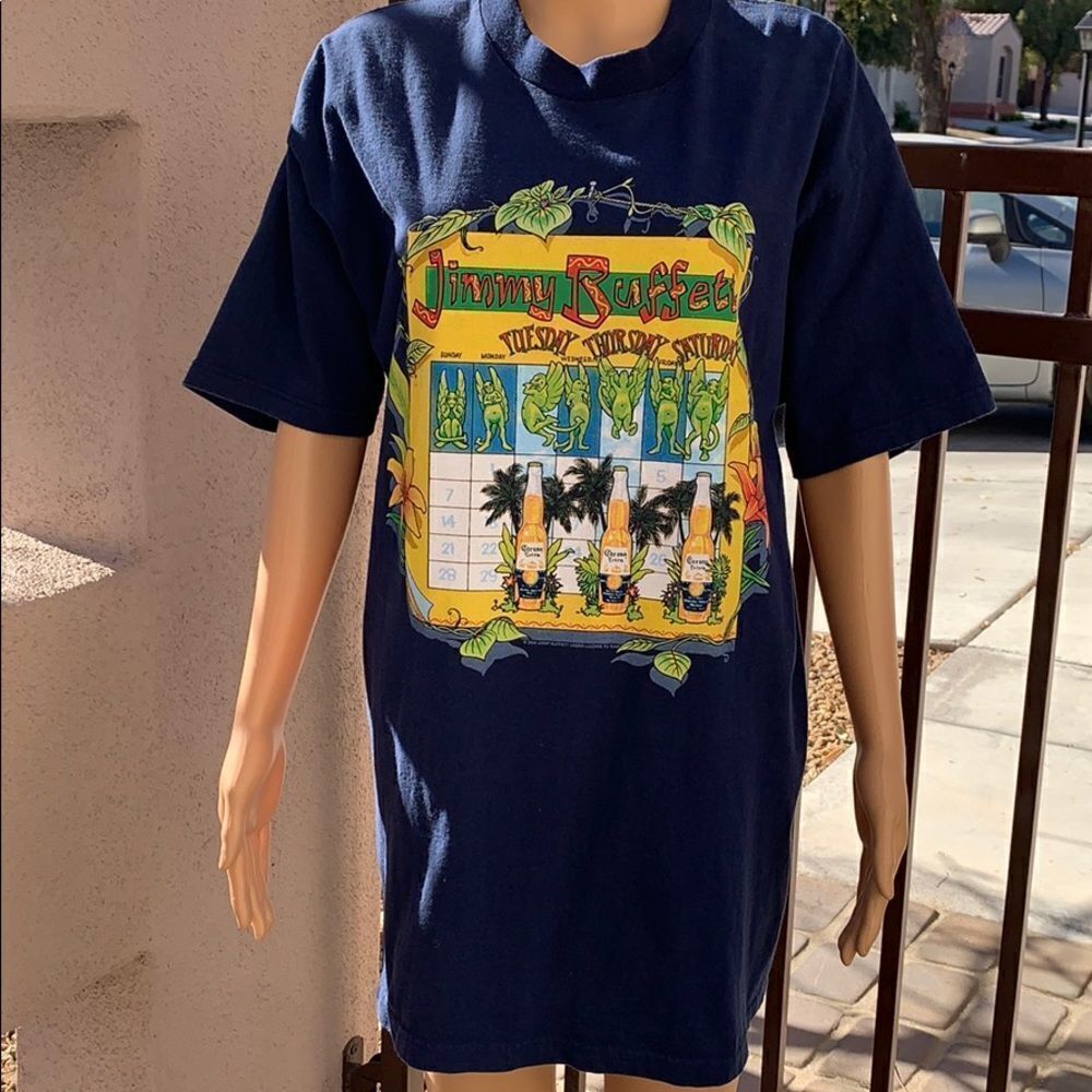 Jimmy Buffett Women’s  Size Large 💯 Cotton T Shirt Tour 2000 Navy Blue Yellow